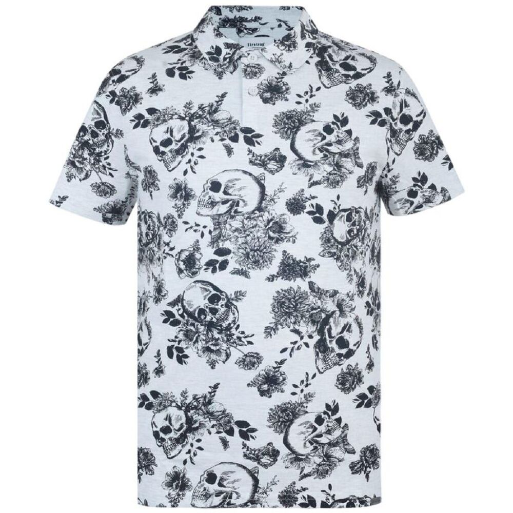 Firetrap Mens Floral Skull All-Over Print Polo Shirt / White/Black